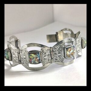 Vintage Taxco Silver Link Bracelet With Opalescent Glass Cabochons